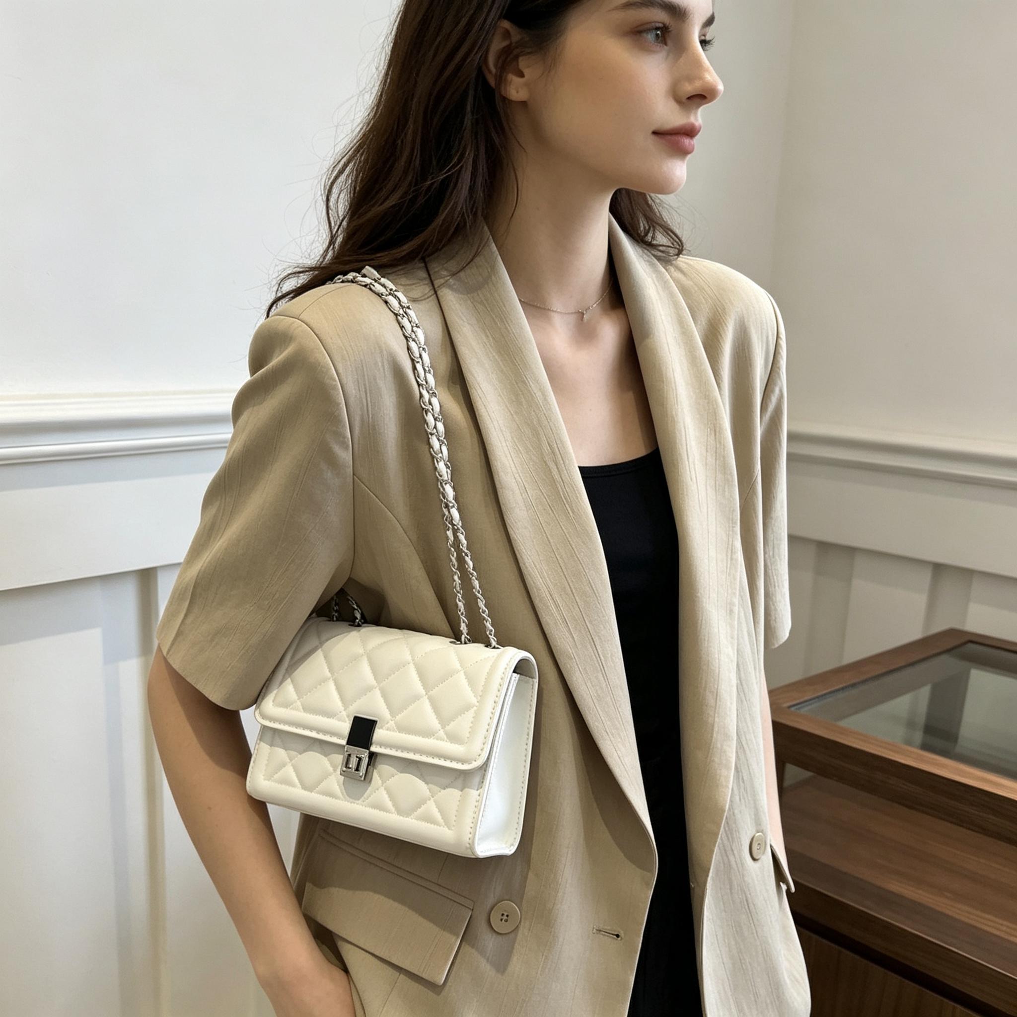 Chain Crossbody Quilted - 2026年新作、洗練されたデザインのキルティングチェーンショルダーバッグ。トレンド感あふれるミニマルなシングルショルダー、小さめのスクエア型レディースハンドバッグ。