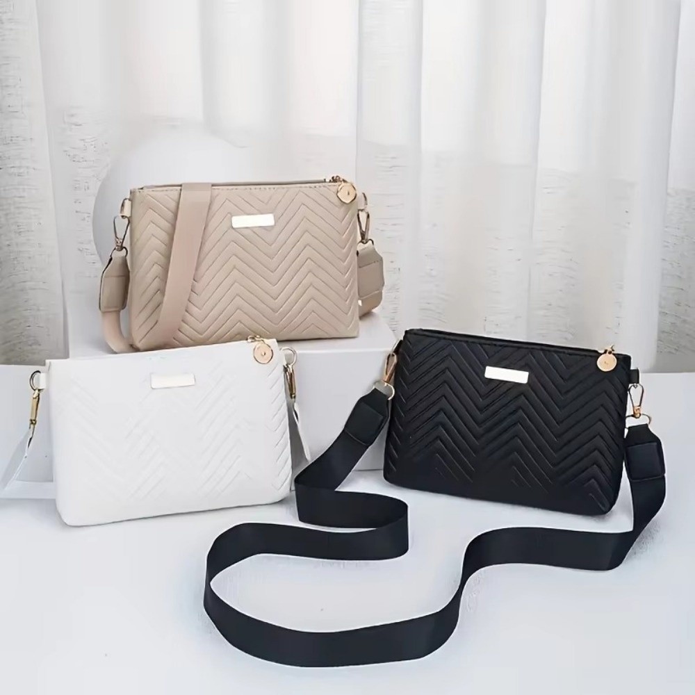 Chain Crossbody Quilted - エレガントなキルティングチェーンクロスボディバッグ、波模様の無地ロングウォレット、軽量PU素材の普段使いハンドバッグ（女性用）