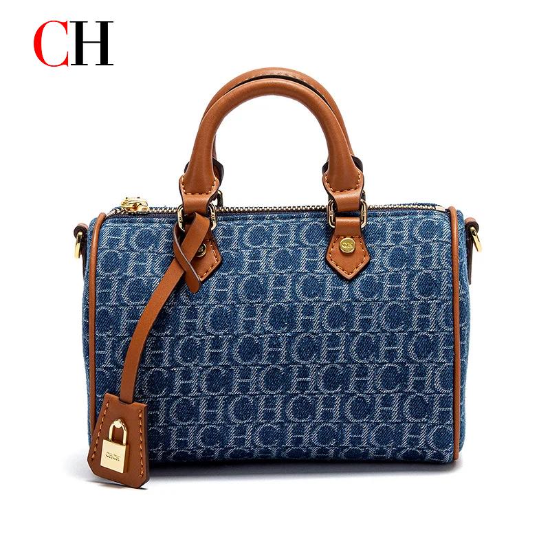 Luxury Bags Denim - CH ヴィンテージデニムボストンバッグ女性用高級デザイナープリントハンドバッグコントラストカラーハンドルショルダークロスボディバッグ通勤トートバッグ