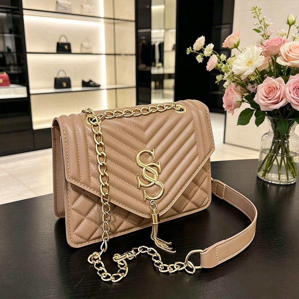 Chain Crossbody Quilted - ライトラグジュアリーエレガントアーガイルキルティングチェーンスモールスクエアバッグメタルレタータッセル斜め掛けバッグ通勤ショルダーバッグ