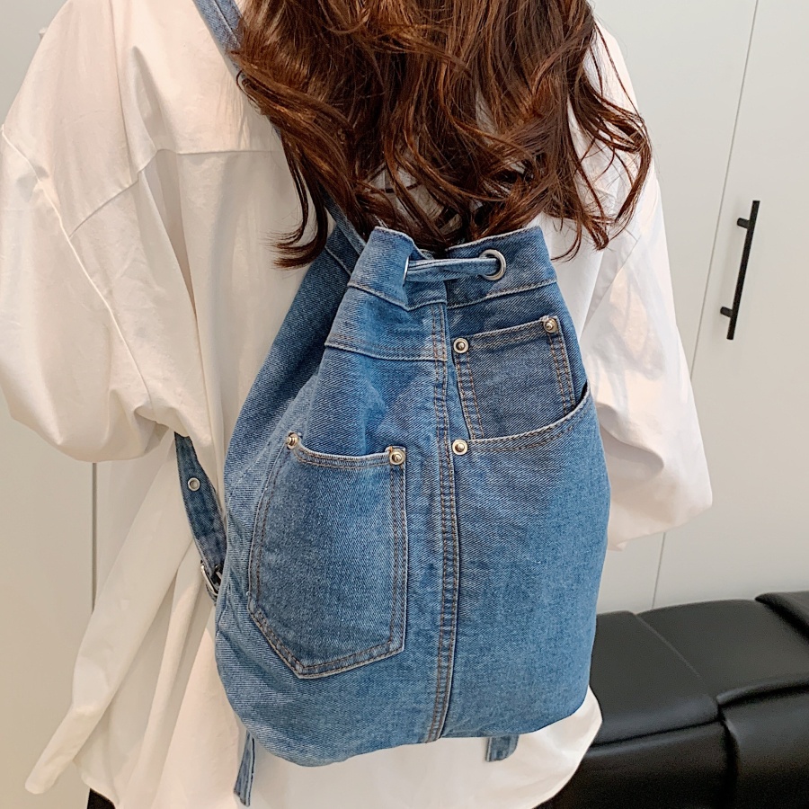 Luxury Bags Denim - デニム女性用バックパック、ティーンエイジャーの女の子向けカジュアルスクールバックパック、ラグジュアリー巾着女性用デイパック、女性用ハンドバッグ、ブルー