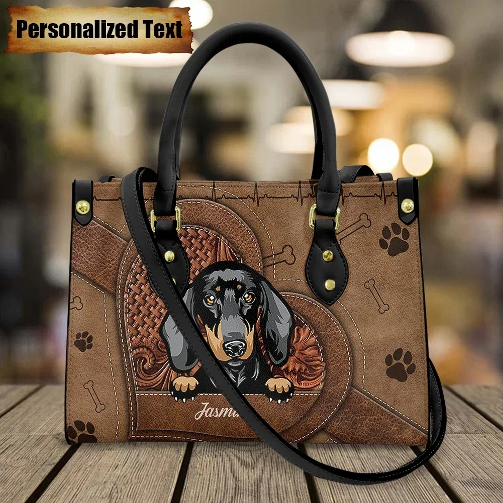 Luxury Bags Brand Names - 女性用レザーショルダーバッグ、名前入り、かわいいダックスフント犬柄プリント、カジュアルハンドバッグ、ブランドデザイン、ラグジュアリートートバッグ、ボルソス